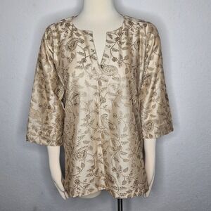 Jennifer Tyler Embroidered Gold Tunic Top 3/4 Sleeve Silk Blend Look Size 40 NWT